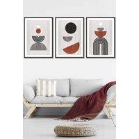 ARTZE Set of 3 Black Framed Black Grey Terracotta Abstract Mid Century Geometric Wall Art | Size: W45 cm x H62 cm x D20mm