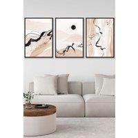 ARTZE Set of 3 Black Framed Beige Black Abstract Mountain Contours Wall Art | Size: W45 cm x H62 cm x D20mm