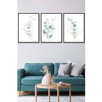 ARTZE Set of 3 Black Framed Green Blue Watercolour Eucalyptus Set 2 Wall Art in Light Green | Size: W33 cm x H45 cm x D20mm
