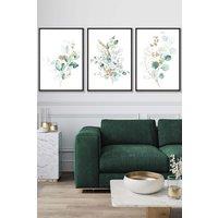 ARTZE Set of 3 Black Framed Green Blue Watercolour Eucalyptus Set 1 Wall Art in Light Green | Size: W33 cm x H45 cm x D20mm
