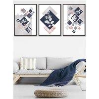ARTZE Set of 3 Black Framed Graphical Abstract Floral Blue Grey Wall Art in Navy | Size: W33 cm x H45 cm x D20mm