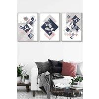ARTZE Set of 3 Light Grey Framed Graphical Abstract Floral Blue Grey Wall Art in Navy | Size: W33 cm x H45 cm x D20mm