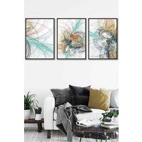 ARTZE Set of 3 Black Framed Abstract Green Yellow Grey Mixed Media Fractal Wall Art in Bright Yellow | Size: W33 cm x H45 cm x D20mm