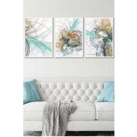 ARTZE Set of 3 White Framed Abstract Green Yellow Grey Mixed Media Fractal Wall Art in Bright Yellow | Size: W53 cm x H73 cm x D20mm