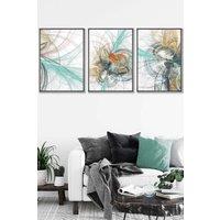 ARTZE Set of 3 Dark Grey Framed Abstract Green Yellow Grey Mixed Media Fractal Wall Art in Bright Yellow | Size: W33 cm x H45 cm x D20mm