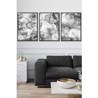 ARTZE Set of 3 Black Framed Abstract Floral Fluid in Grey Wall Art in Mid Grey | Size: W53 cm x H73 cm x D20mm