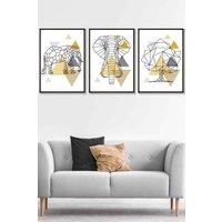 ARTZE Geometric Line Art Yellow Elephant Tree Set Framed Wall Art - Large in Black | Size: W53 cm x H73 cm x D20mm
