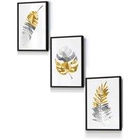 ARTZE Geometric Tropical Leaves In Yellow Grey Framed Wall Art - Small in Black | Size: W33 cm x H45 cm x D20mm