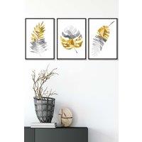 ARTZE Geometric Tropical Leaves In Yellow Grey Framed Wall Art - Medium in Black | Size: W45 cm x H62 cm x D20mm