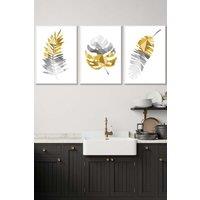 ARTZE Geometric Tropical Leaves In Yellow Grey Framed Wall Art - Medium in White | Size: W45 cm x H62 cm x D20mm