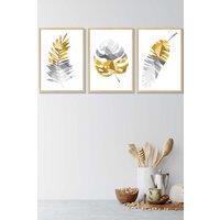 ARTZE Geometric Tropical Leaves In Yellow Grey Framed Wall Art - Medium in Light Oak | Size: W45 cm x H62 cm x D20mm