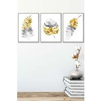 ARTZE Geometric Tropical Leaves In Yellow Grey Framed Wall Art - Medium in Light Grey | Size: W45 cm x H62 cm x D20mm