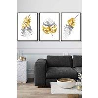 ARTZE Geometric Tropical Leaves In Yellow Grey Framed Wall Art - Large in Black | Size: W53 cm x H73 cm x D20mm