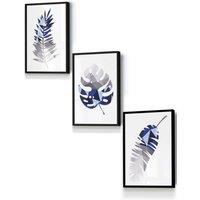 ARTZE Geometric Tropical Leaves In Navy Blue Grey Framed Wall Art - Small in Black | Size: W33 cm x H45 cm x D20mm