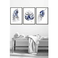 ARTZE Geometric Tropical Leaves In Navy Blue Grey Framed Wall Art - Medium in Black | Size: W45 cm x H62 cm x D20mm