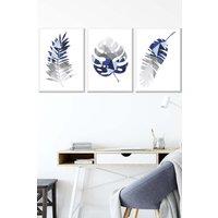 ARTZE Geometric Tropical Leaves In Navy Blue Grey Framed Wall Art - Medium in White | Size: W45 cm x H62 cm x D20mm