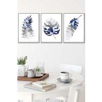 ARTZE Geometric Tropical Leaves In Navy Blue Grey Framed Wall Art - Medium in Light Grey | Size: W45 cm x H62 cm x D20mm