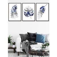 ARTZE Geometric Tropical Leaves In Navy Blue Grey Framed Wall Art - Large in Black | Size: W53 cm x H73 cm x D20mm
