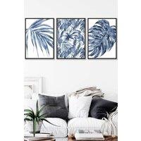 ARTZE Set of 3 Black Framed Tropical Plants & Pattern Navy Blue Abstract Wall Art | Size: W45 cm x H62 cm x D20mm