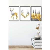 ARTZE Geometric Yellow Grey Stags Set Framed Wall Art - Medium in Black | Size: W45 cm x H62 cm x D20mm