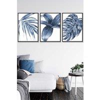 ARTZE Set of 3 Black Framed Tropical Plants Navy Blue Abstract Wall Art | Size: W33 cm x H45 cm x D20mm