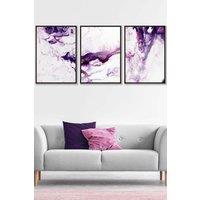 ARTZE Set of 3 Black Framed Purple Pink Abstract Ocean Waves Wall Art | Size: W45 cm x H62 cm x D20mm