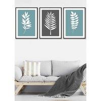 ARTZE Set of 3 Black Framed Blue Grey Graphical Leaves Wall Art in Duck Egg Blue | Size: W53 cm x H73 cm x D20mm