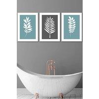 ARTZE Set of 3 White Framed Blue Grey Graphical Leaves Wall Art in Duck Egg Blue | Size: W33 cm x H45 cm x D20mm
