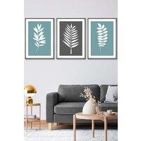 ARTZE Set of 3 Dark Grey Framed Blue Grey Graphical Leaves Wall Art in Duck Egg Blue | Size: W33 cm x H45 cm x D20mm