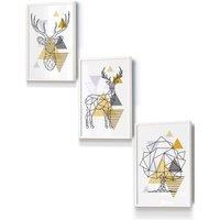 ARTZE Geometric Line Art Yellow Stags Tree Set Framed Wall Art - Small in White | Size: W33 cm x H45 cm x D20mm