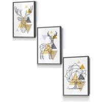 ARTZE Geometric Line Art Yellow Stags Tree Set Framed Wall Art - Small in Dark Grey | Size: W33 cm x H45 cm x D20mm