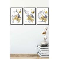 ARTZE Geometric Line Art Yellow Stags Tree Set Framed Wall Art - Medium in Black | Size: W45 cm x H62 cm x D20mm