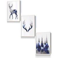 ARTZE Geometric Navy Blue Grey Stags Set Framed Wall Art - Small in White | Size: W33 cm x H45 cm x D20mm