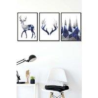 ARTZE Geometric Navy Blue Grey Stags Set Framed Wall Art - Medium in Black | Size: W45 cm x H62 cm x D20mm