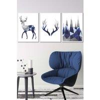 ARTZE Geometric Navy Blue Grey Stags Set Framed Wall Art - Medium in White | Size: W45 cm x H62 cm x D20mm