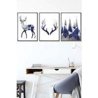 ARTZE Geometric Navy Blue Grey Stags Set Framed Wall Art - Medium in Dark Grey | Size: W45 cm x H62 cm x D20mm
