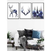 ARTZE Geometric Navy Blue Grey Stags Set Framed Wall Art - Large in Dark Grey | Size: W53 cm x H73 cm x D20mm