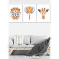 ARTZE Set of 3 White Framed Geometric Orange Grey Jungle Animal Heads Wall Art | Size: W33 cm x H45 cm x D20mm