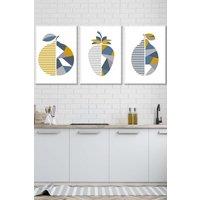 ARTZE Set of 3 White Framed Geometric Fruit Strawberry Blue Yellow Wall Art in Mid Blue | Size: W45 cm x H62 cm x D20mm