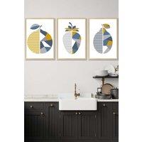 ARTZE Set of 3 Oak Framed Geometric Fruit Strawberry Blue Yellow Wall Art in Mid Blue | Size: W33 cm x H45 cm x D20mm