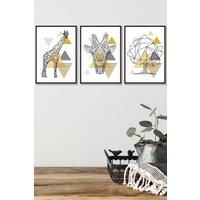 ARTZE Geometric Line Art Yellow Giraffe Tree Set Framed Wall Art - Medium in Black | Size: W45 cm x H62 cm x D20mm