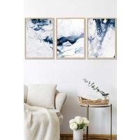 ARTZE Navy Blue Abstract Ocean Waves Framed Wall Art - Medium in Light Oak | Size: W45 cm x H62 cm x D20mm