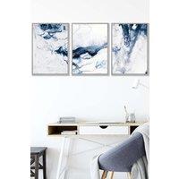 ARTZE Navy Blue Abstract Ocean Waves Framed Wall Art - Medium in Light Grey | Size: W45 cm x H62 cm x D20mm