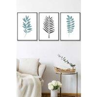 ARTZE Graphical Blue Grey Leaves Framed Wall Art - Medium in Dark Grey | Size: W45 cm x H62 cm x D20mm