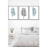ARTZE Graphical Blue Grey Leaves Framed Wall Art - Large in Dark Grey | Size: W53 cm x H73 cm x D20mm