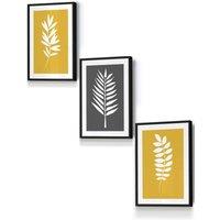 ARTZE Yellow Grey Graphical Leaves Framed Wall Art - Small in Black | Size: W33 cm x H45 cm x D20mm
