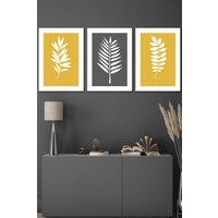 ARTZE Yellow Grey Graphical Leaves Framed Wall Art - Medium in White | Size: W45 cm x H62 cm x D20mm
