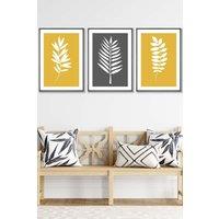 ARTZE Yellow Grey Graphical Leaves Framed Wall Art - Medium in Dark Grey | Size: W45 cm x H62 cm x D20mm