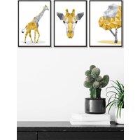 ARTZE Geometric Yellow Grey Giraffe Set Framed Wall Art - Medium in Black | Size: W45 cm x H62 cm x D20mm