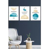ARTZE Yellow & Aqua Blue Abstract Mid Century Geometric Framed Wall Art - Medium in White | Size: W45 cm x H62 cm x D20mm